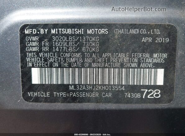 ML32A3HJ2KH013554 2019 MITSUBISHI MIRAGE Gray Engine compartment view