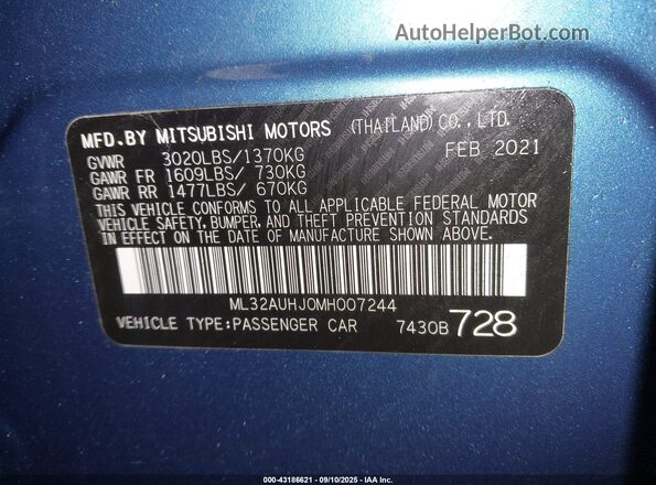 ML32AUHJ0MH007244 2021 MITSUBISHI MIRAGE Blue Engine compartment view