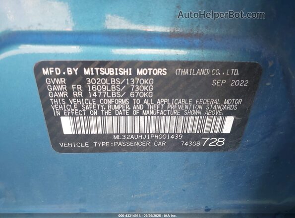 ML32AUHJ1PH001439 2023 MITSUBISHI MIRAGE Blue 
