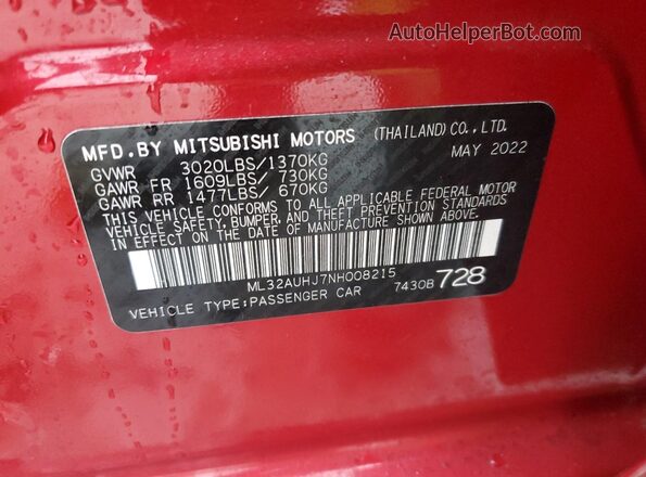 ML32AUHJ7NH008215 2022 MITSUBISHI MIRAGE Red 