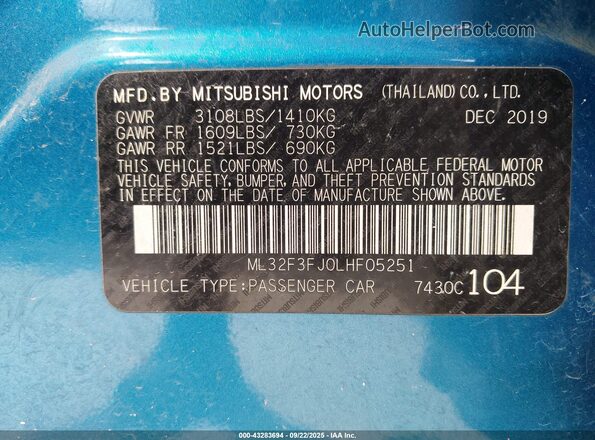 ML32F3FJ0LHF05251 2020 MITSUBISHI MIRAGE G4 Синий Вид подкапотного пространства