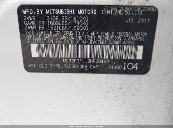 ML32F3FJ1JHF00492 2018 MITSUBISHI MIRAGE G4 White Engine compartment view
