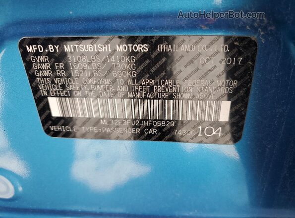 ML32F3FJ2JHF05829 2018 MITSUBISHI MIRAGE Синий 