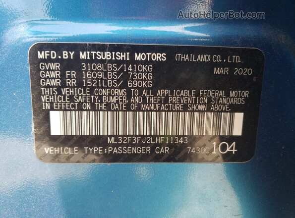 ML32F3FJ2LHF11343 2020 MITSUBISHI MIRAGE Blue Շարժիչի բաժամունքի տեսք