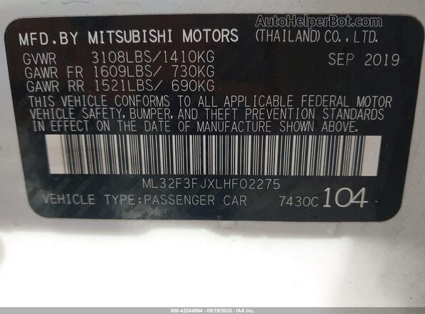 ML32F3FJXLHF02275 2020 MITSUBISHI MIRAGE G4 White ძრავის განყოფილების ხედი
