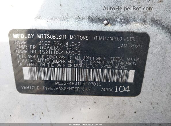 ML32F4FJ1LHF07015 2020 MITSUBISHI MIRAGE White Engine compartment view