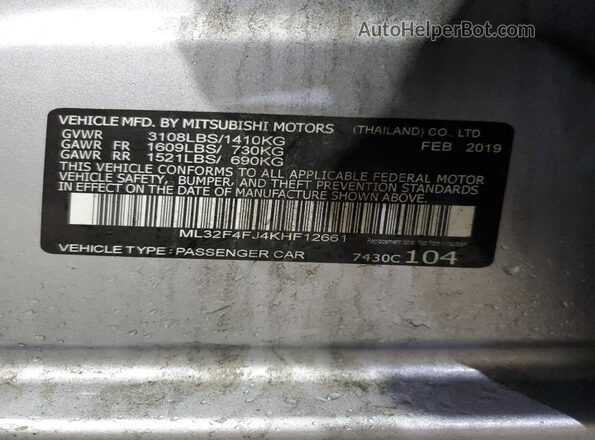 ML32F4FJ4KHF12661 2019 MITSUBISHI MIRAGE Silver Вид підкапотного простору