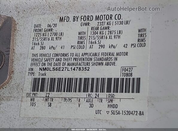 NM0LS6E27L1478352 2020 FORD TRANSIT CONNECT White Widok komory silnika