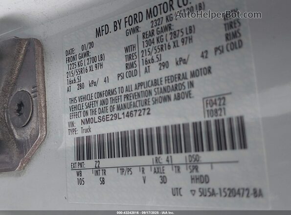 NM0LS6E29L1467272 2020 FORD TRANSIT CONNECT White Vista del compartimento del motor