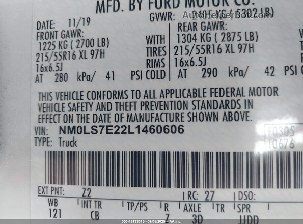 NM0LS7E22L1460606 2020 FORD TRANSIT CONNECT White Vista del compartimento del motor