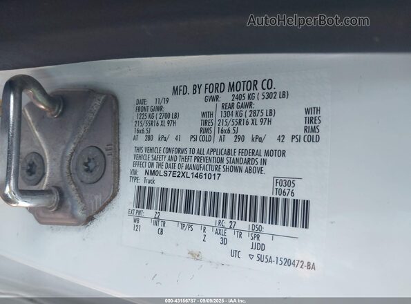 NM0LS7E2XL1461017 2020 FORD TRANSIT CONNECT White Вид підкапотного простору