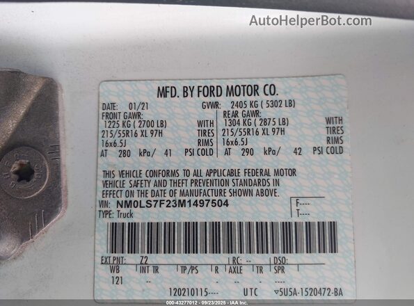 NM0LS7F23M1497504 2021 FORD TRANSIT CONNECT White ძრავის განყოფილების ხედი