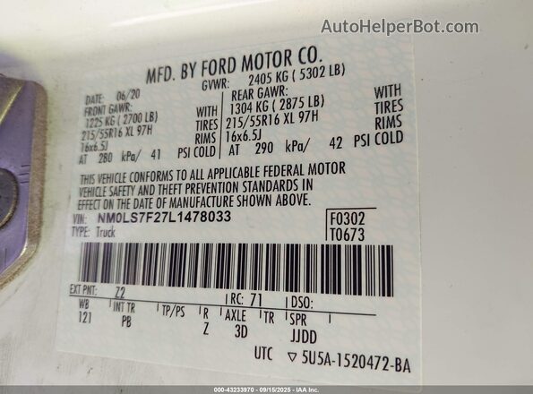 NM0LS7F27L1478033 2020 FORD TRANSIT CONNECT White 