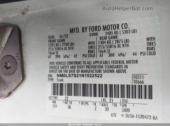 NM0LS7S21N1522522 2022 FORD TRANSIT CONNECT White 