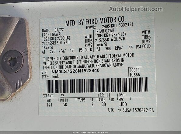 NM0LS7S28N1522940 2022 FORD TRANSIT CONNECT White 