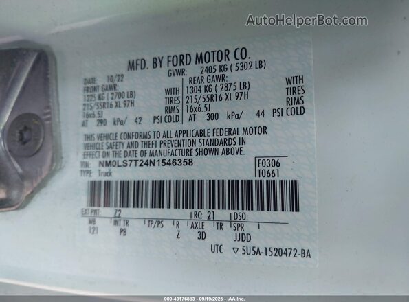 NM0LS7T24N1546358 2022 FORD TRANSIT CONNECT Белый 