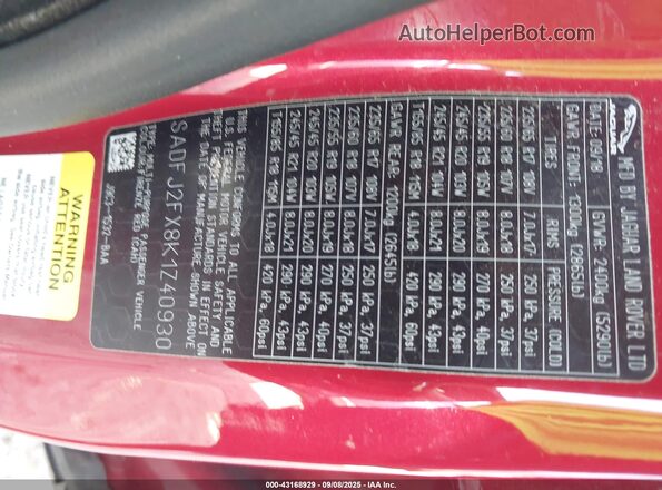 SADFJ2FX8K1Z40930 2019 JAGUAR E-PACE Red Engine compartment view