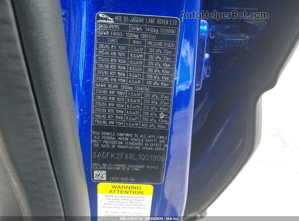 SADFK2FX8L1001906 2020 JAGUAR E-PACE Синий Вид подкапотного пространства