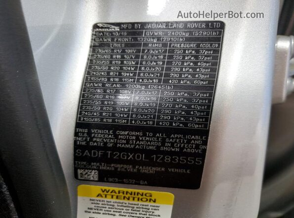 SADFT2GX0L1Z83555 2020 JAGUAR E-PACE Silver Widok naklejki z numerem VIN