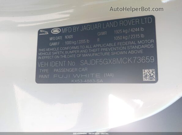 SAJDF5GX8MCK73659 2021 JAGUAR F-TYPE White Vista del compartimento del motor