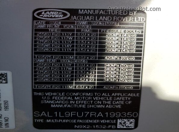 SAL1L9FU7RA199350 2024 LAND ROVER RANGE Серый Панорамный вид салона 360°
