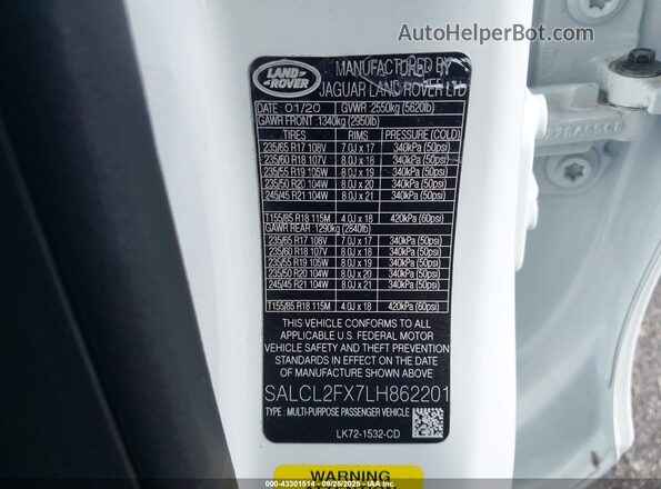 SALCL2FX7LH862201 2020 LAND ROVER DISCOVERY SPORT White Вид підкапотного простору