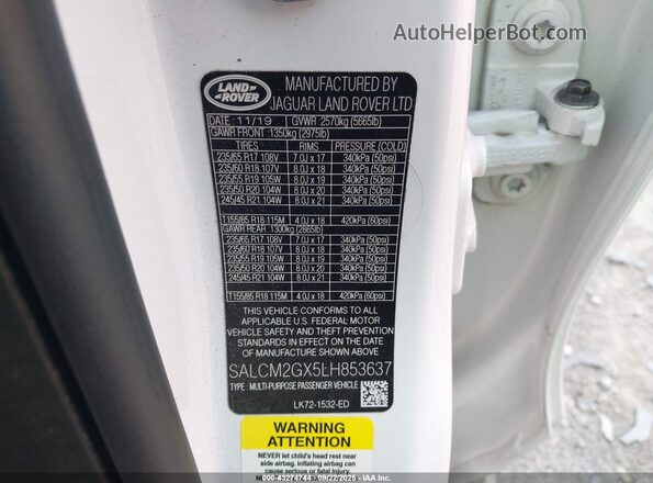 SALCM2GX5LH853637 2020 LAND ROVER DISCOVERY SPORT White Widok komory silnika