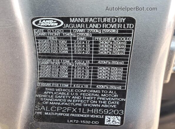 SALCP2FX1LH859203 2020 LAND ROVER DISCOVERY Gray 