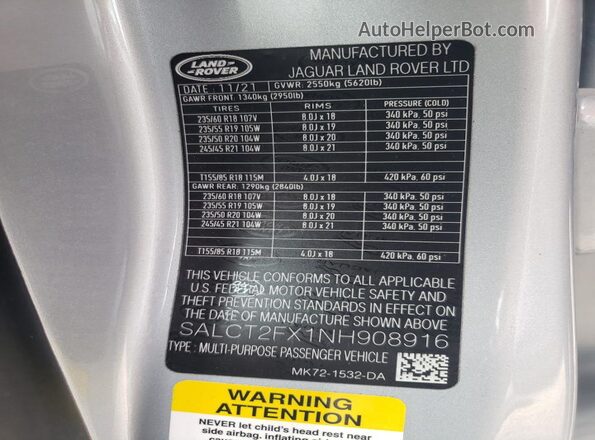 SALCT2FX1NH908916 2022 LAND ROVER DISCOVERY Silver Widok komory silnika