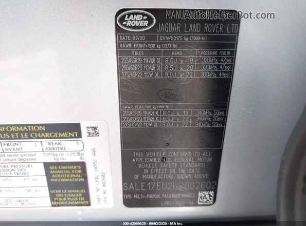 SALE17EU2L2002602 2020 LAND ROVER DEFENDER White 