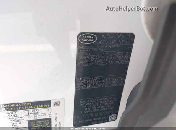 SALEP7RUXN2092304 2022 LAND ROVER DEFENDER White Widok komory silnika