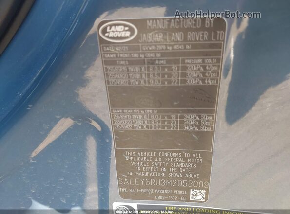 SALEY6RU3M2053009 2021 LAND ROVER DEFENDER Blue Vista del compartimento del motor