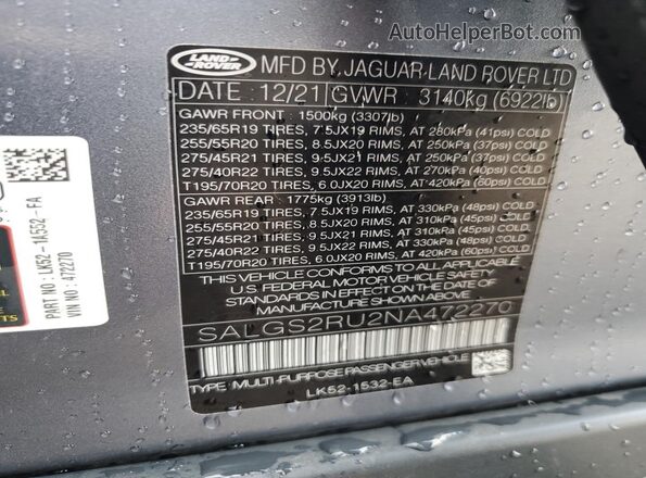 SALGS2RU2NA472270 2022 LAND ROVER RANGE Blue 