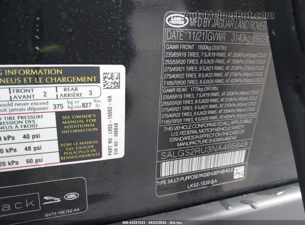 SALGS2RU3NA466848 2022 LAND ROVER RANGE ROVER Black Engine compartment view