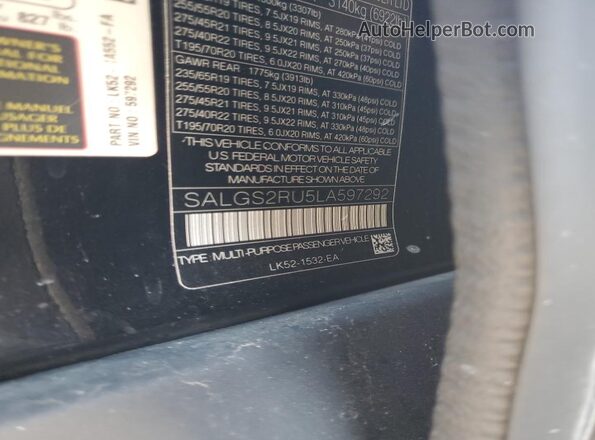 SALGS2RU5LA597292 2020 LAND ROVER RANGE Black Вид наклейки з VIN-кодом
