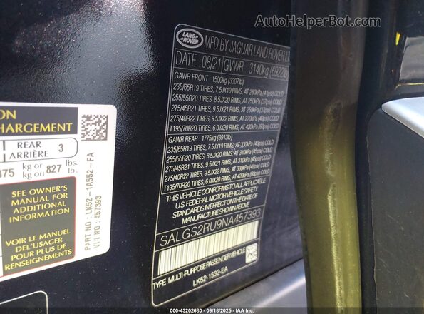 SALGS2RU9NA457393 2022 LAND ROVER RANGE ROVER Black Engine compartment view