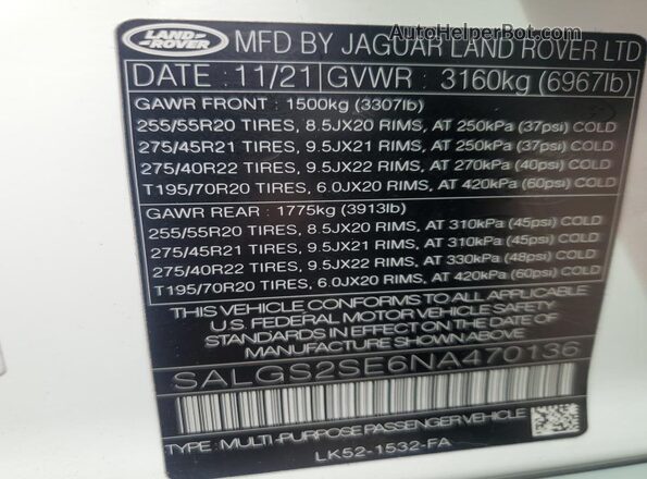 SALGS2SE6NA470136 2022 LAND ROVER RANGE Белый Вид наклейки с VIN-кодом