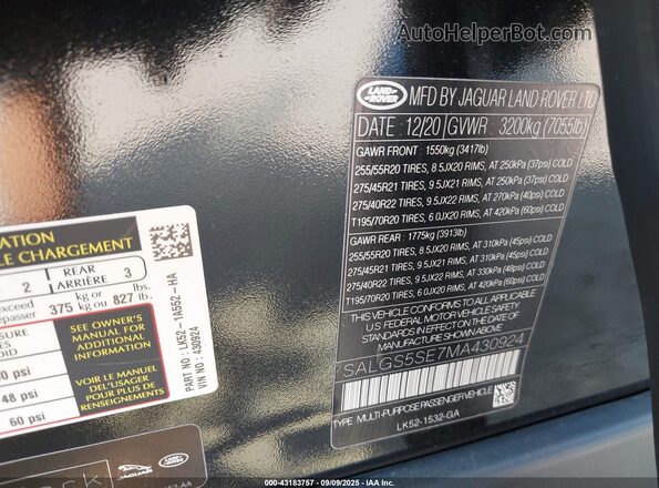 SALGS5SE7MA430924 2021 LAND ROVER RANGE ROVER Black Vista del compartimento del motor