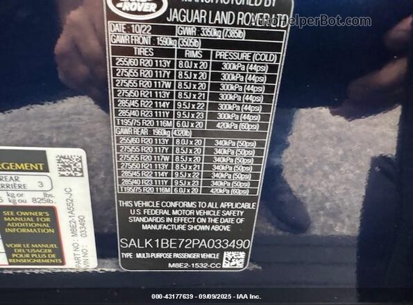 SALK1BE72PA033490 2023 LAND ROVER RANGE ROVER Синий Вид наклейки с VIN-кодом