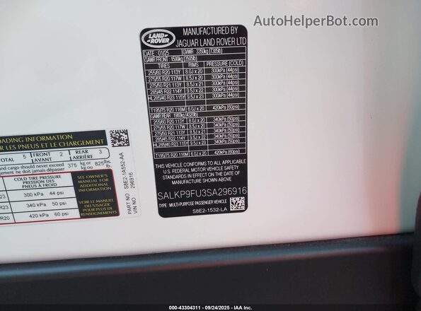 SALKP9FU3SA296916 2025 LAND ROVER RANGE ROVER Белый Вид подкапотного пространства
