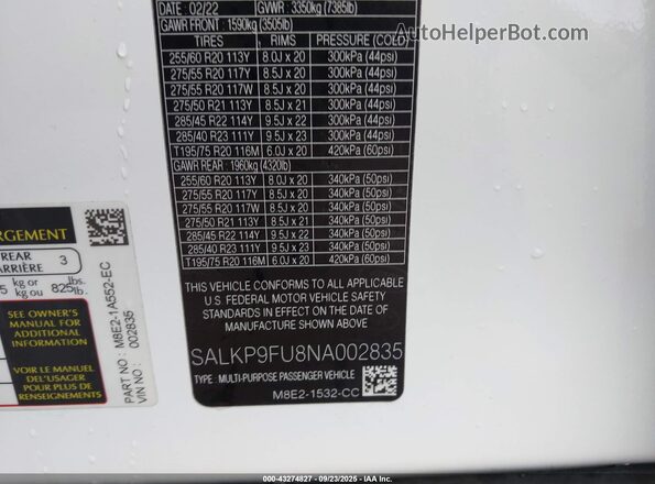 SALKP9FU8NA002835 2022 LAND ROVER NEW RANGE ROVER White Widok komory silnika
