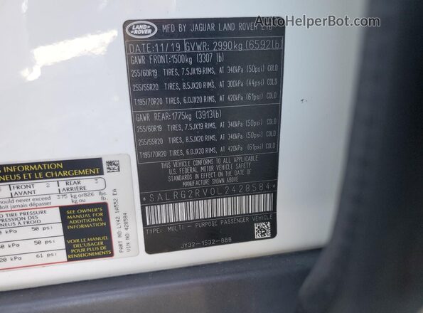 SALRG2RV0L2428584 2020 LAND ROVER DISCOVERY White VIN კოდის სტიკერის ხედი
