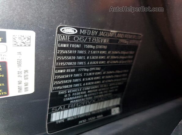 SALRR2RVXJA075736 2018 LAND ROVER DISCOVERY Угольный 