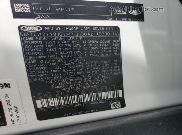 SALRU2RV8L2426641 2020 LAND ROVER DISCOVERY White Vista de la etiqueta del VIN