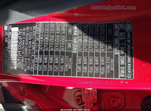 SALVP2RX2JH314760 2018 LAND ROVER RANGE ROVER EVOQUE Red Vista del compartimento del motor