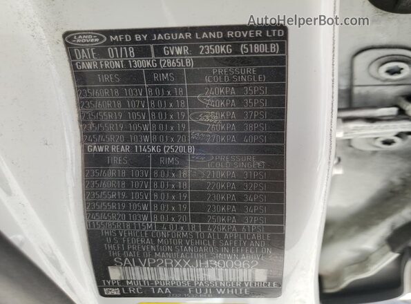 SALVP2RXXJH300962 2018 LAND ROVER RANGE White 