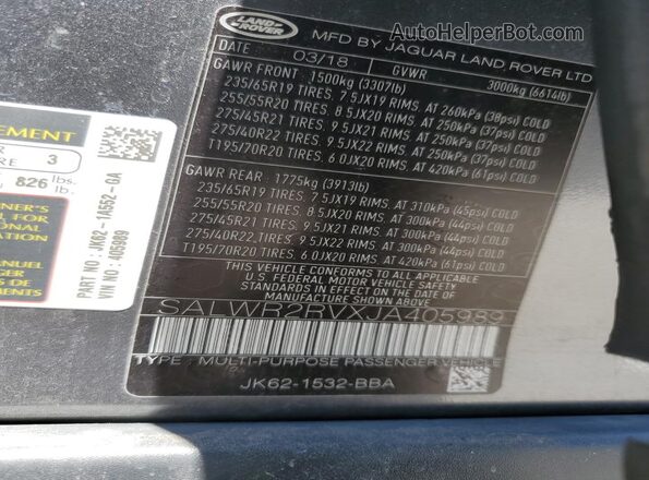 SALWR2RVXJA405989 2018 LAND ROVER RANGE Угольный 