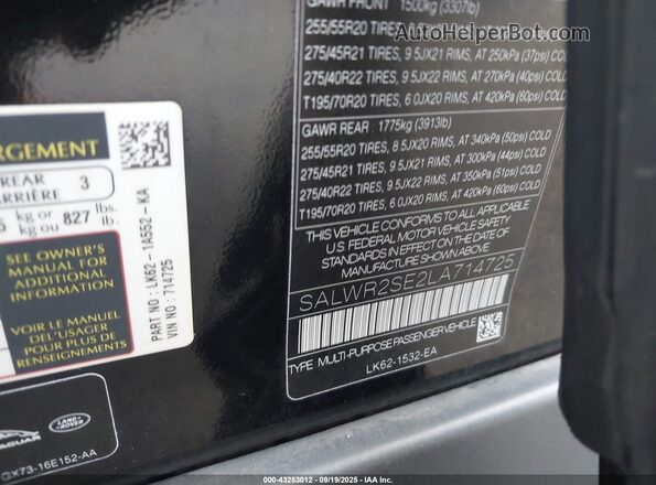 SALWR2SE2LA714725 2020 LAND ROVER RANGE ROVER SPORT Black Engine compartment view