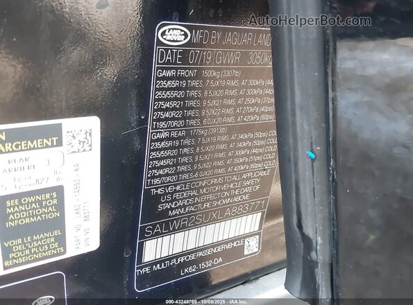 SALWR2SUXLA883771 2020 LAND ROVER RANGE ROVER SPORT Black Widok komory silnika
