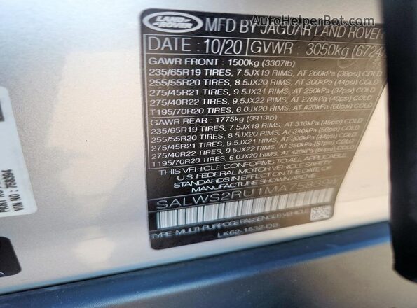SALWS2RU1MA758394 2021 LAND ROVER RANGE Silver 